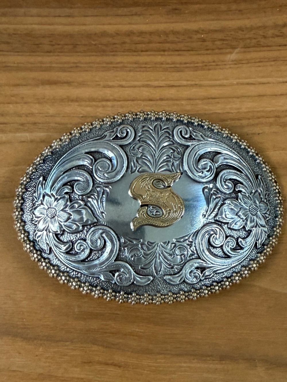 NOCONA Belt Buckle Oval Silver Tone Metal Gold Tone Initial "S" Western Rodeo